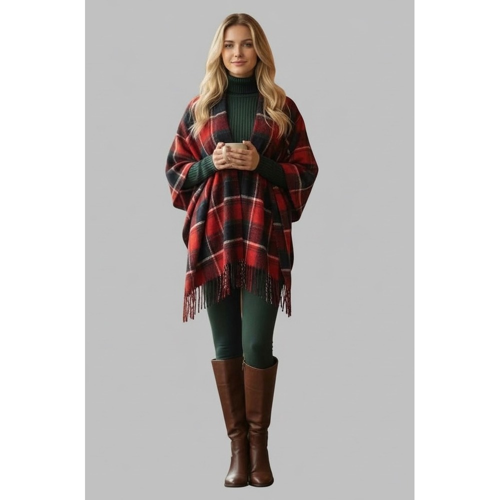 Womens Plaid Fringe Poncho Cape Red Black Green Classic Tartan Cozy